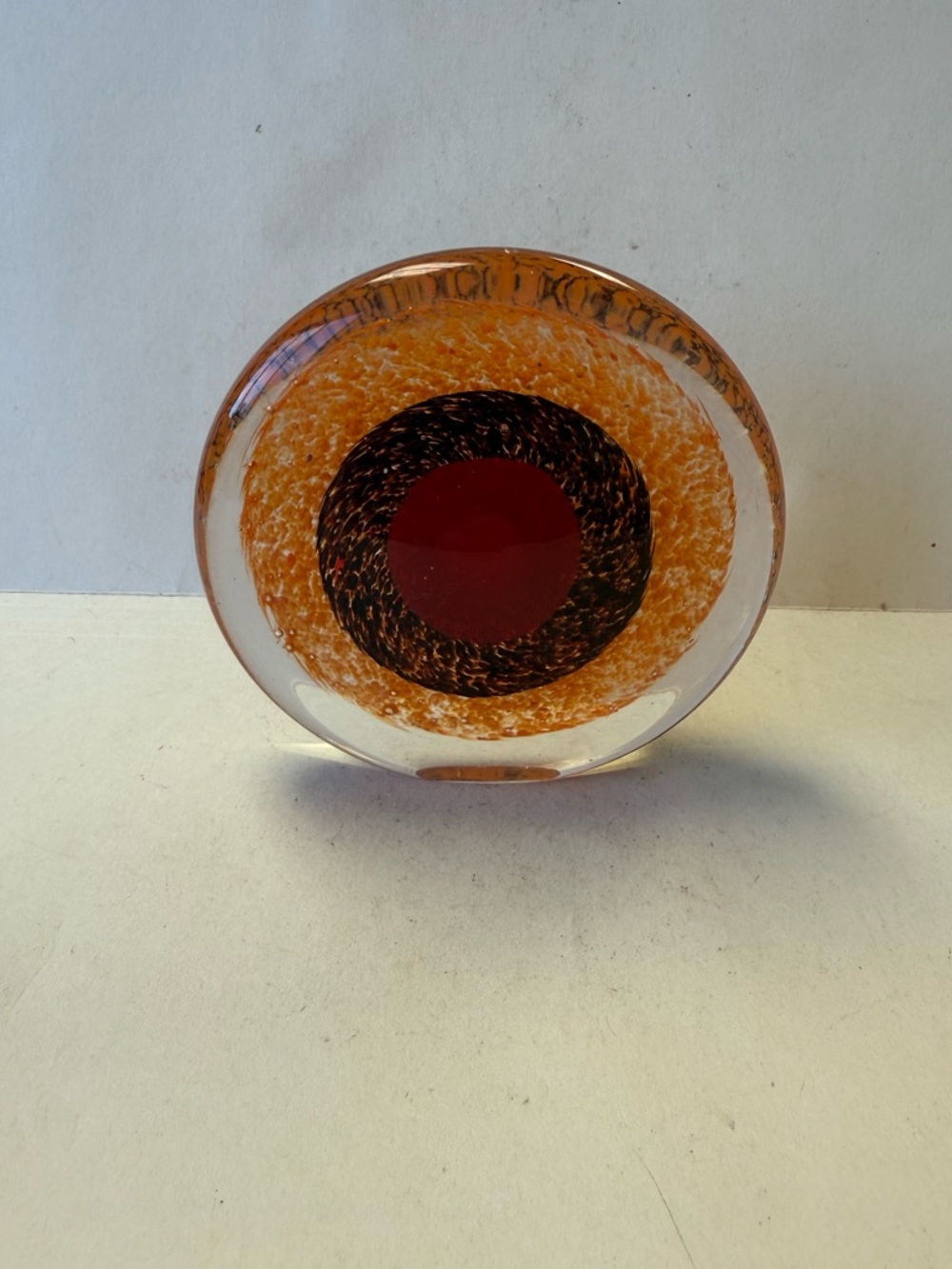 Vintage Art Glass Murano Style Oval Amber and Red Eye Paperweight Shelf Decor.